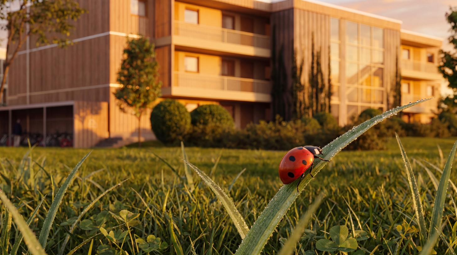 Senior living building at golden hour, ladybird on a dewy blade of grass