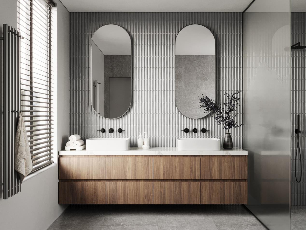 Bathroom with arched mirrors