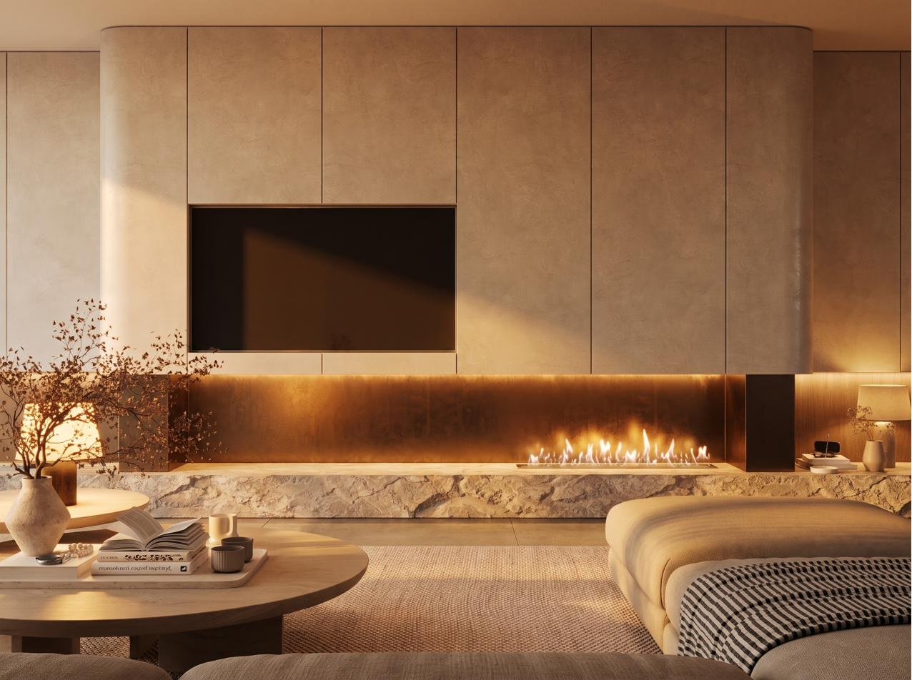 Living room with linear fireplace