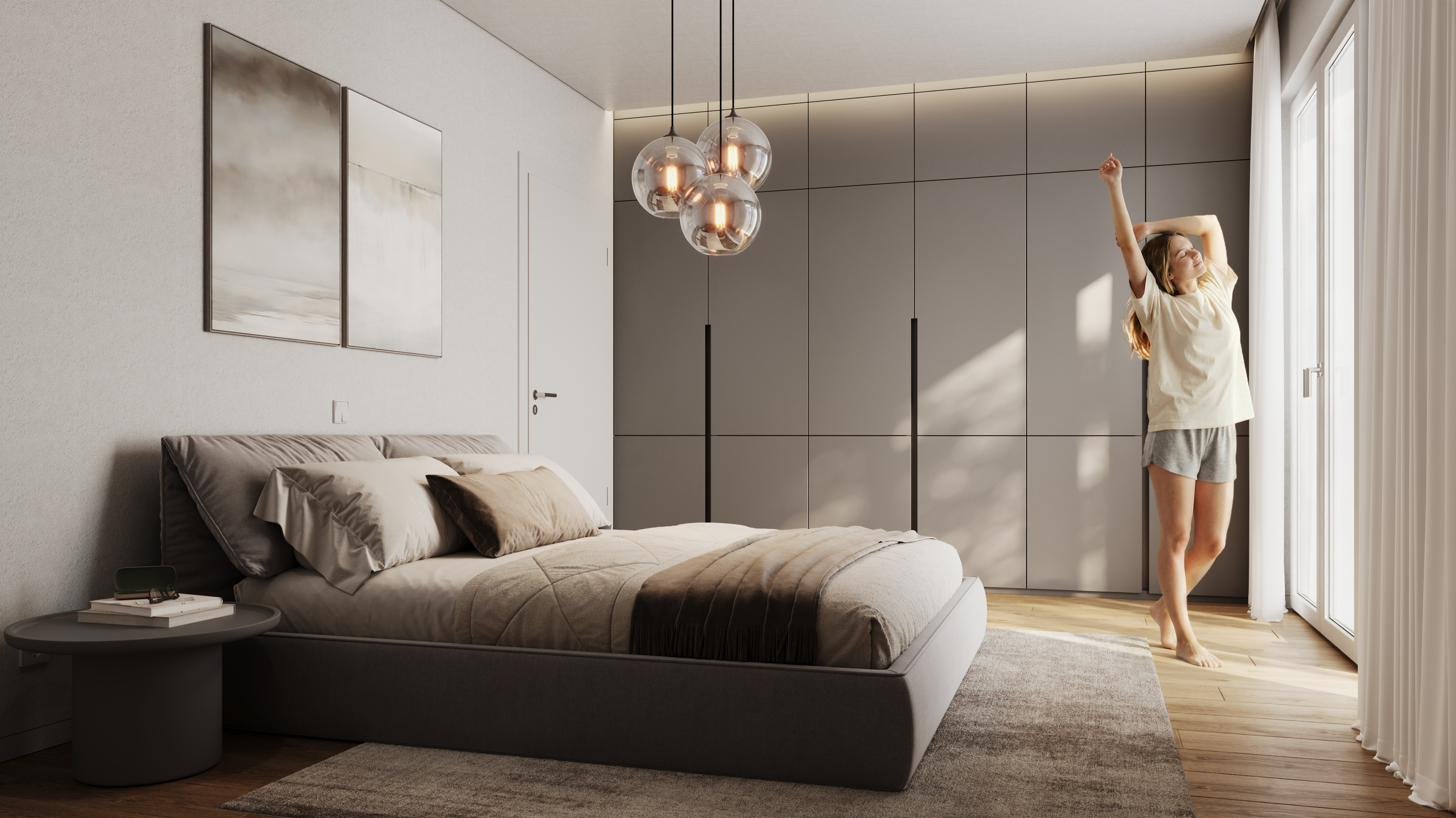 Bedroom with figure in morning light
