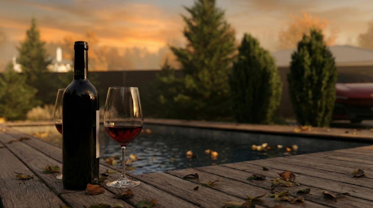 Wine by the pool at golden hour